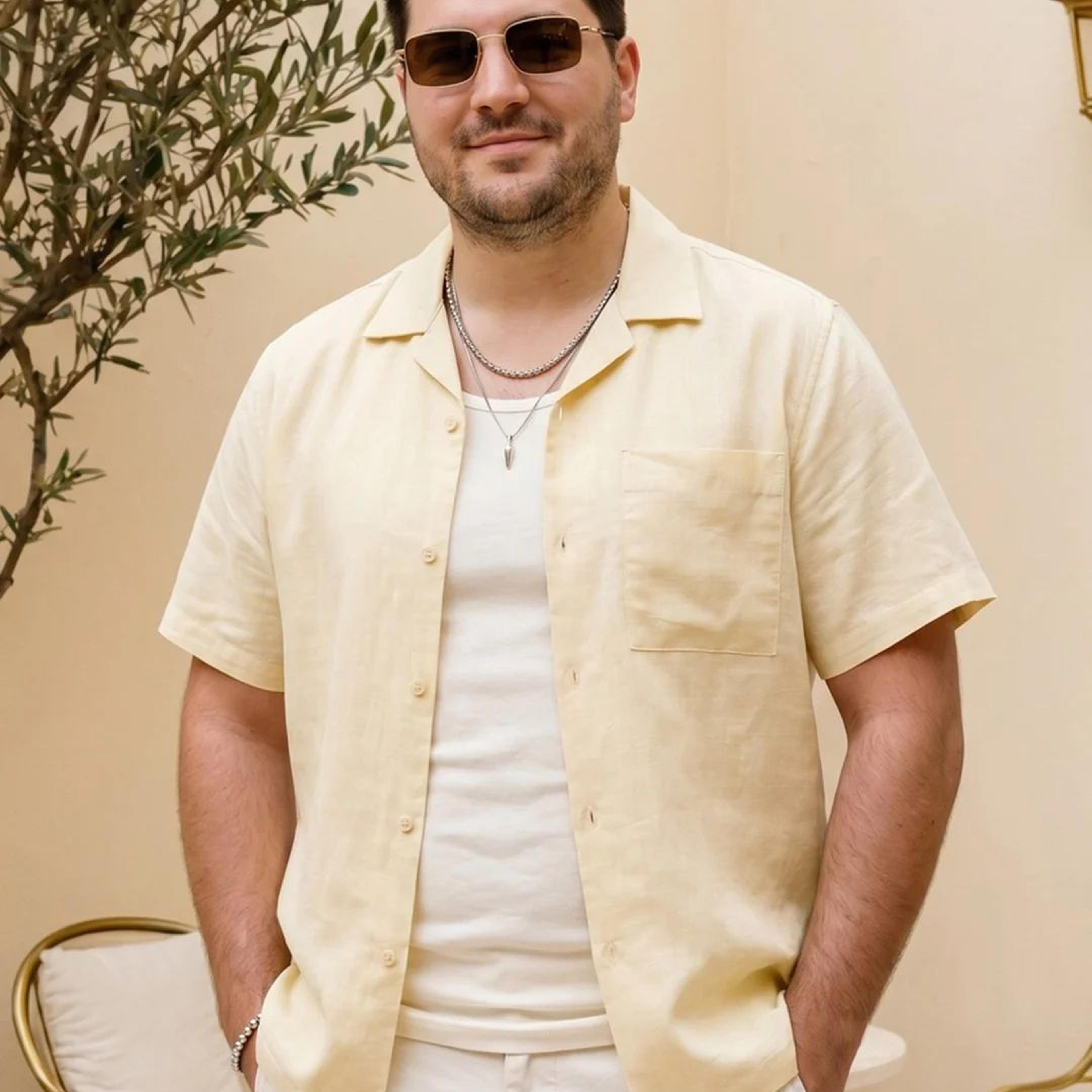 Plus Men's Tender Yellow Linen Half Sleeve Oversized Fit Shirt with Cuban Collar