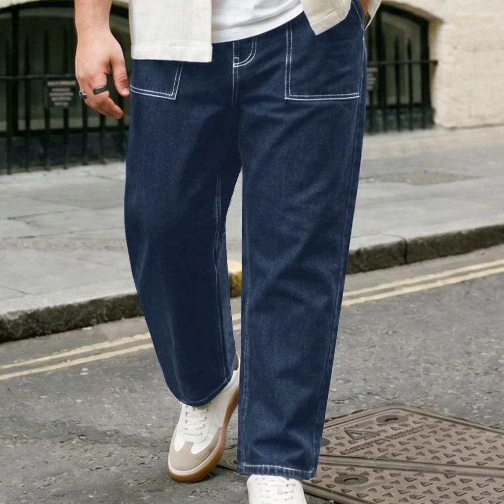 Plus Men's Blue Loose Baggy Fit Washed Denim Jeans Non-Stretchable