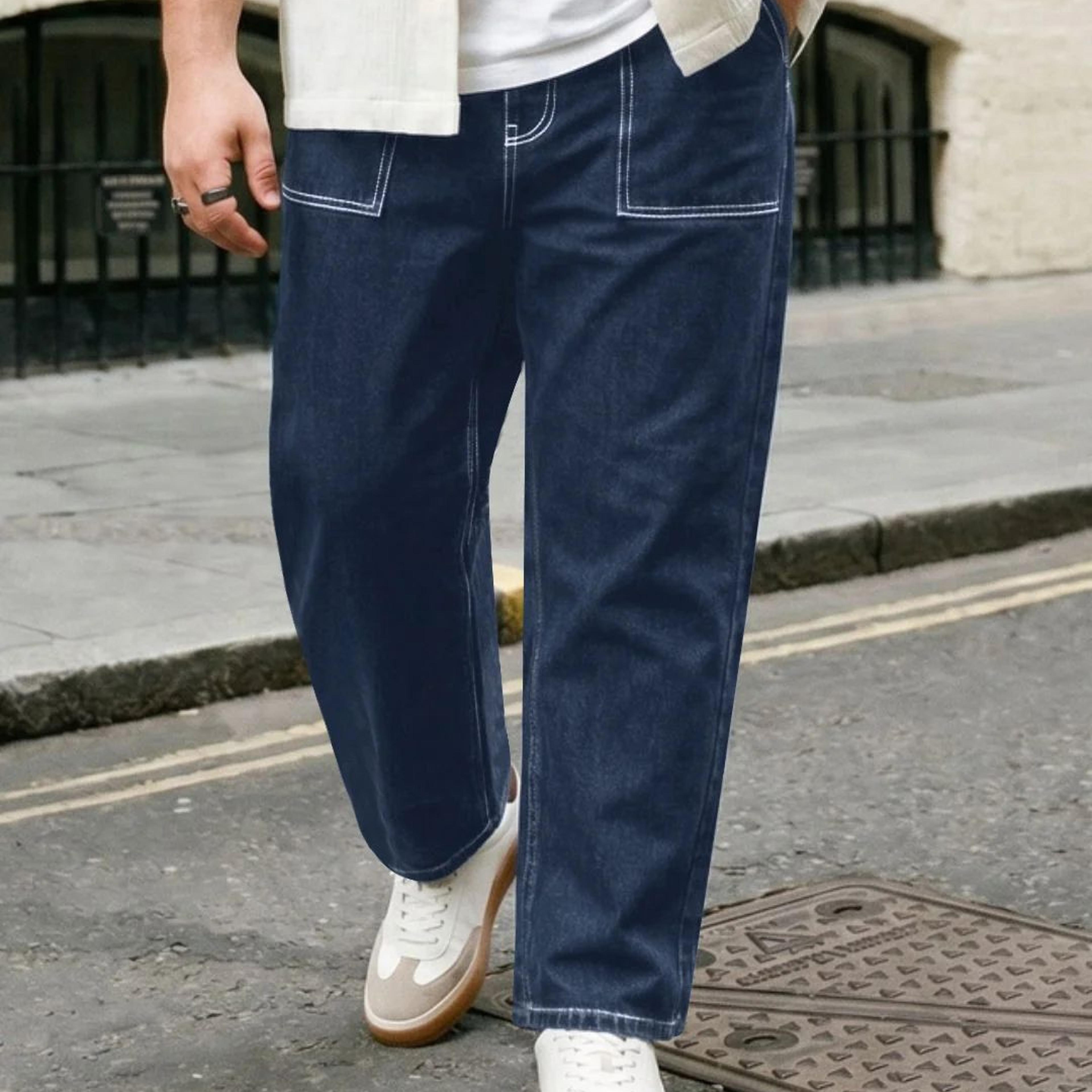 Plus Men's Blue Loose Baggy Fit Washed Denim Jeans Non-Stretchable