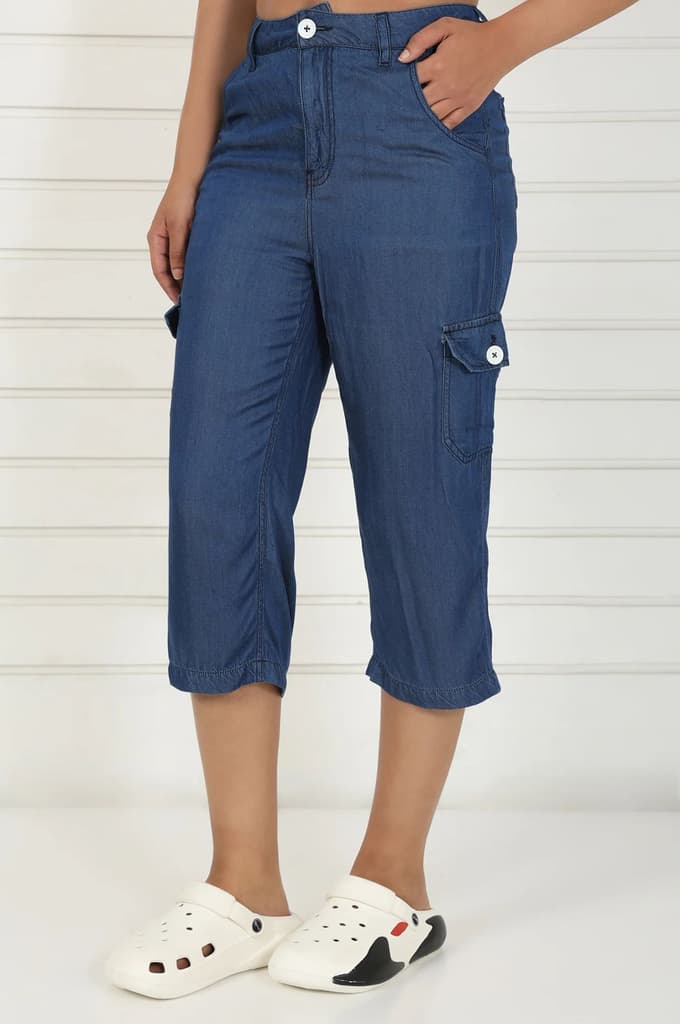 Blue Linen Lyocell Mid Rise Calf Length Capri with YKK Zipper — photo 3