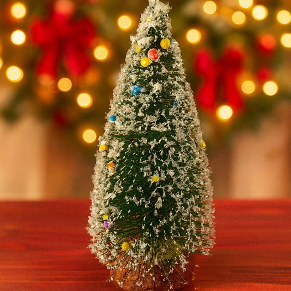 Mini Christmas Bottle Brush Trees with Wooden Base | Tabletop Snowy Pine Decoration — photo 5