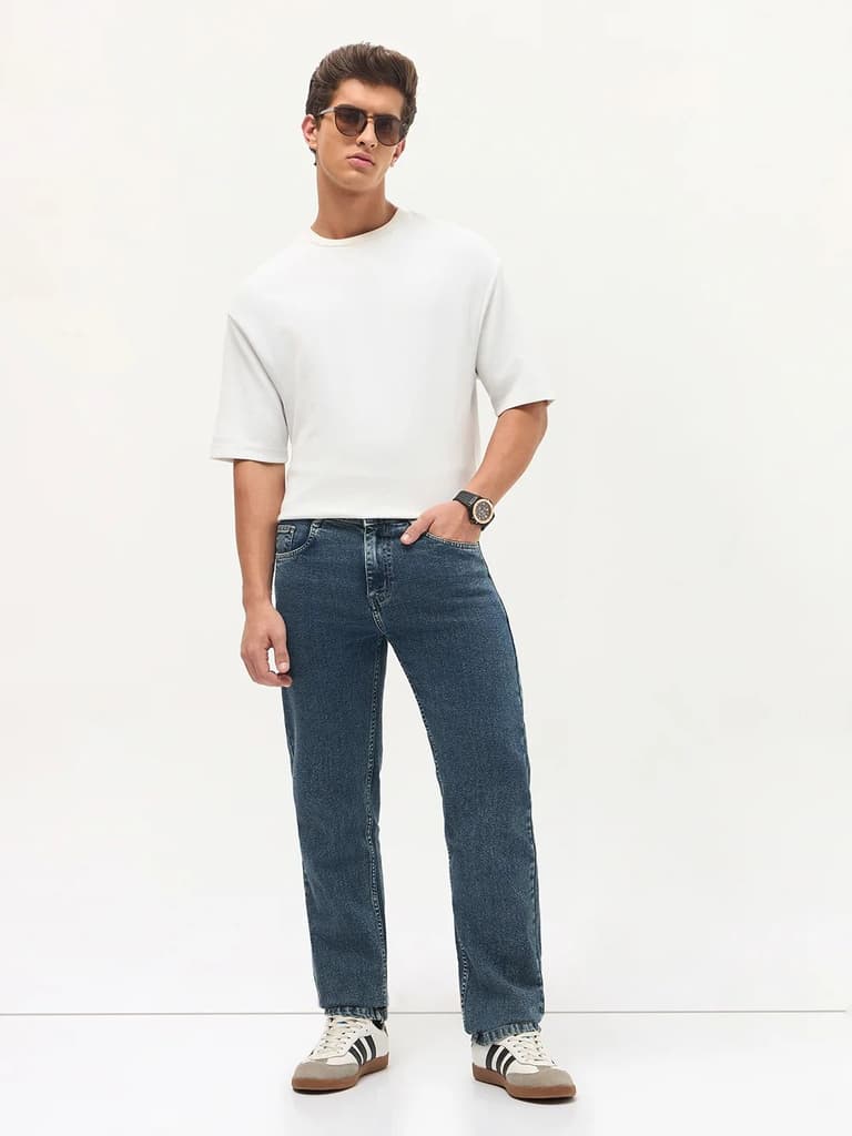 Men's Light Blue Regular Fit Towel Washed Yellow Tint Denim Jeans Stretchable — photo 5