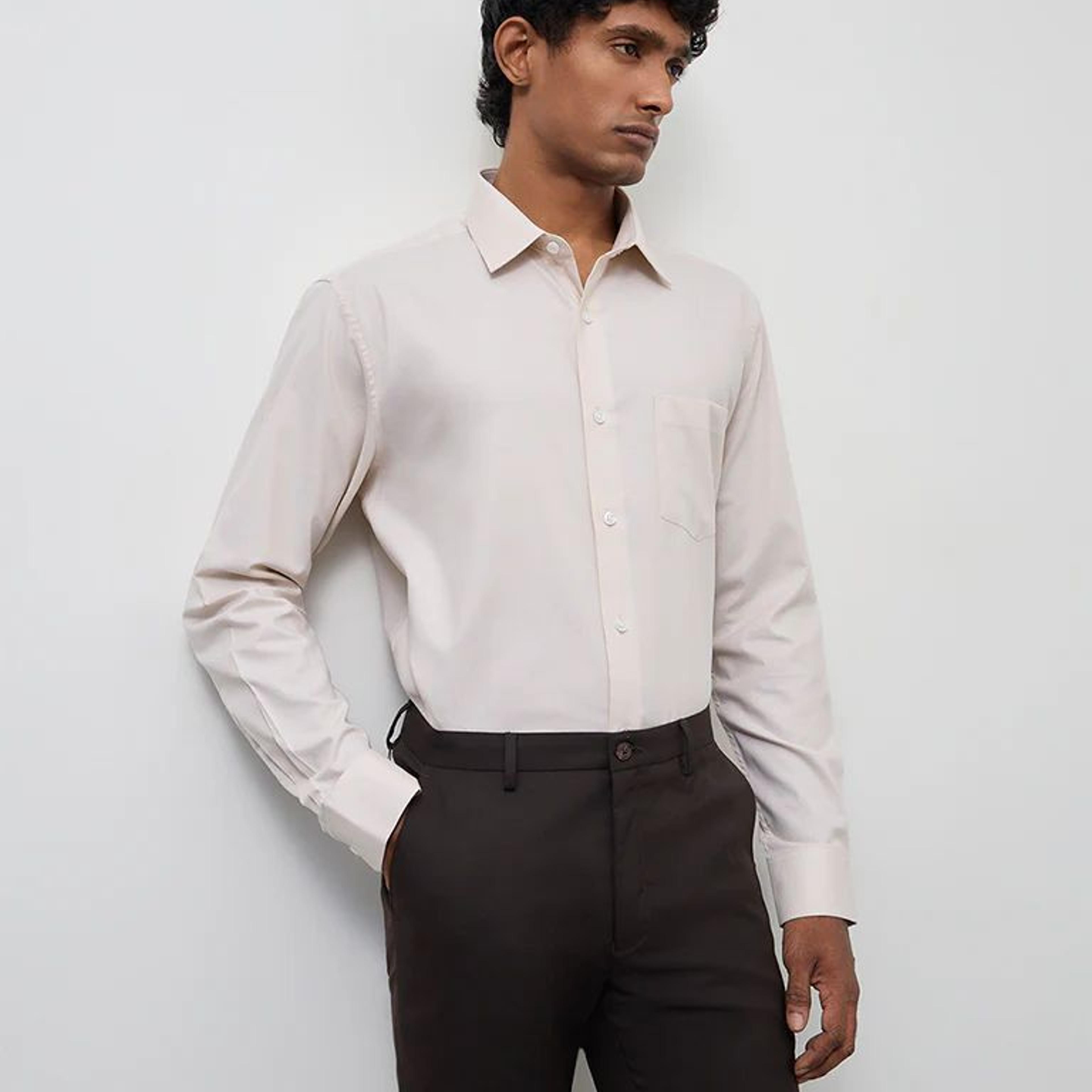 WES Formals Light Beige Relaxed-Fit Cotton Shirt