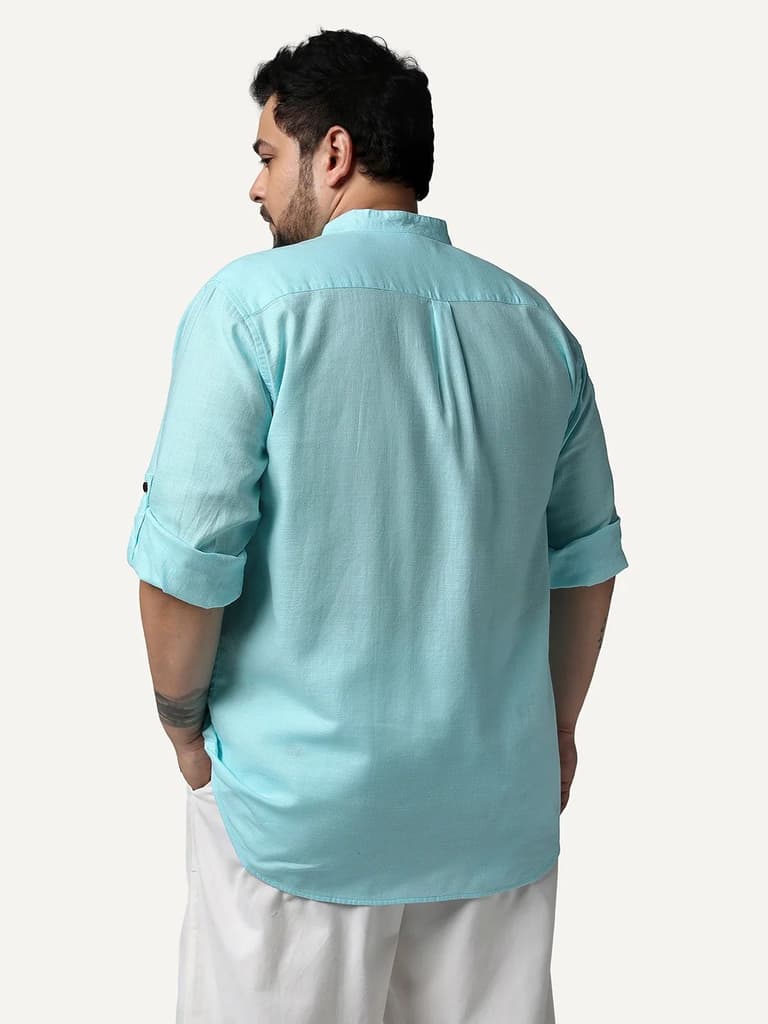 Plus Men's Sky Blue Linen Blend Full Sleeve Relaxed Fit Mandarin Collar Casual Solid Shirt — photo 3