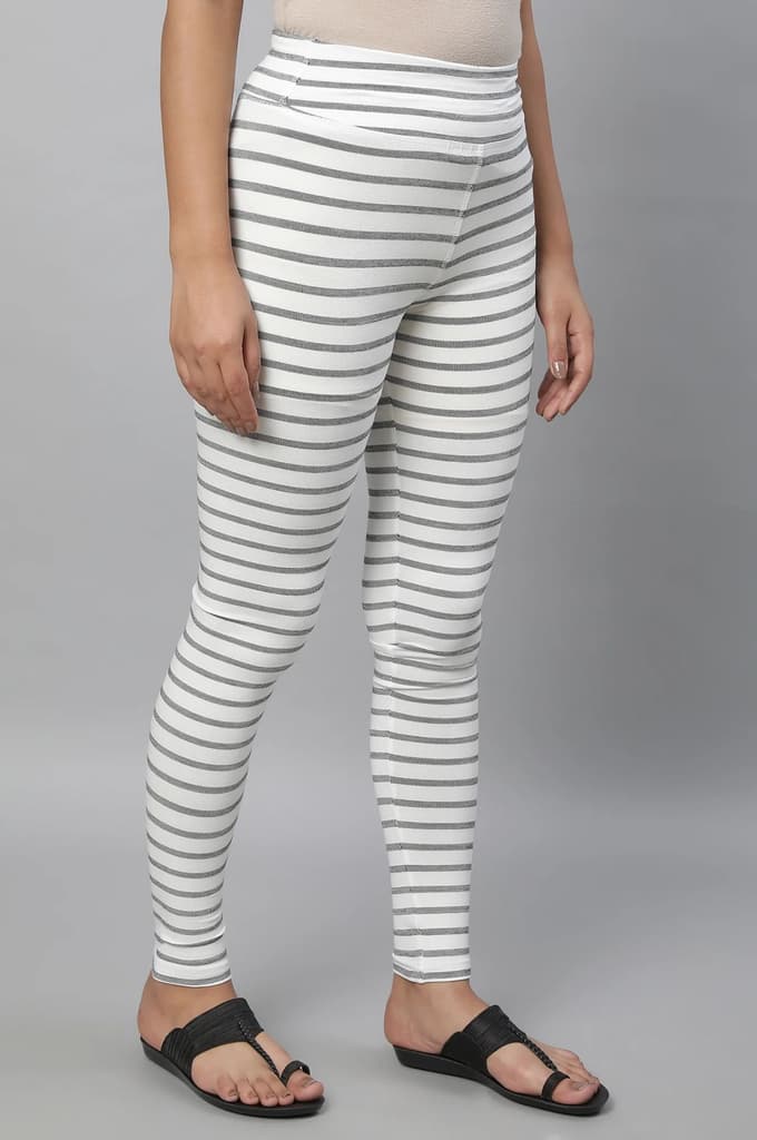 White Striped Skinny Fit Cotton Tights With High Waistband — photo 4
