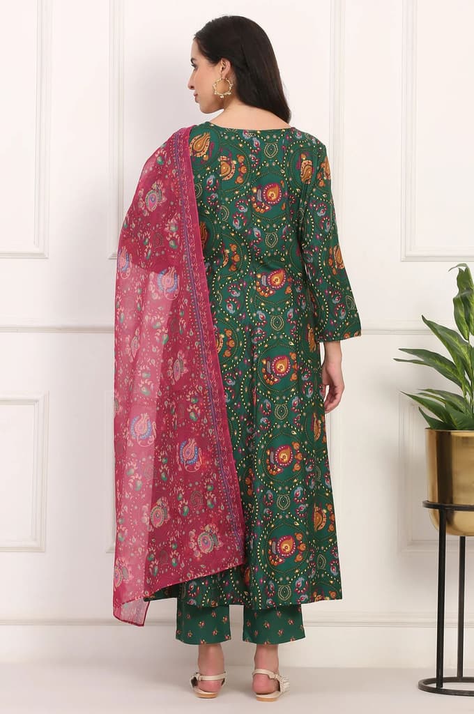 Dark Green Floral Printed Flared Chanderi Kurta, Straight Pant and Dupatta Co-ord Set — photo 5