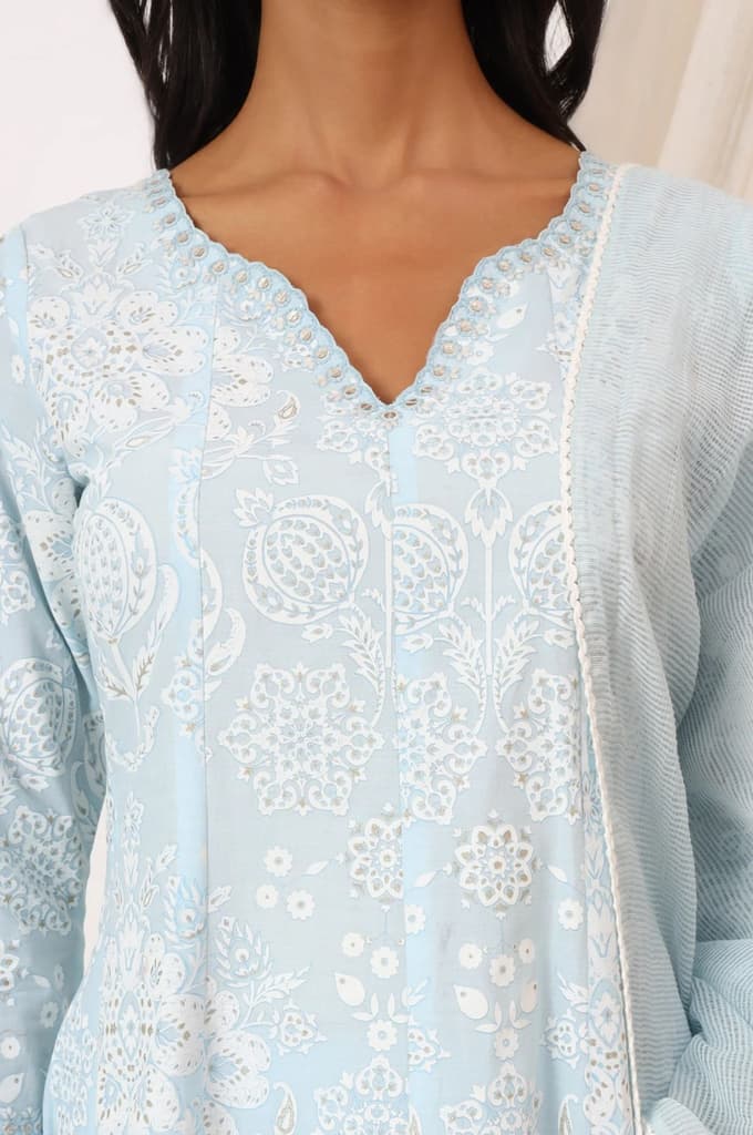 Sky Blue Printed Pure Cotton Anarkali Kurta, Pants and Dupatta Set — photo 4