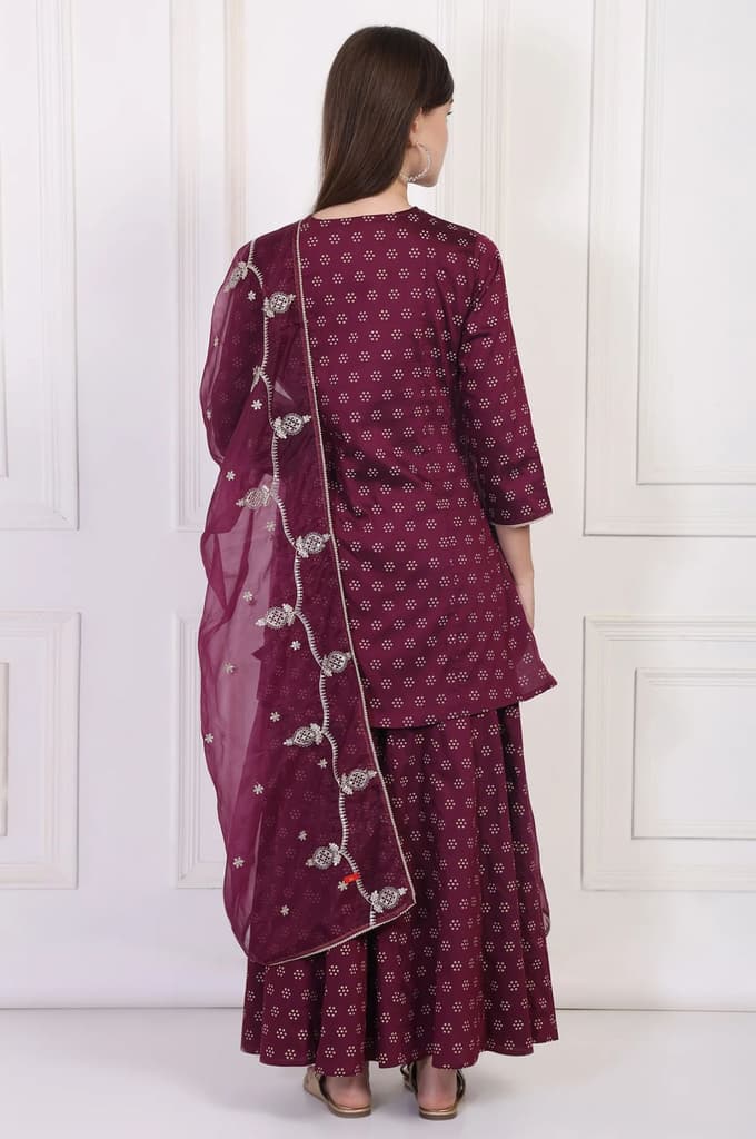 Maroon Embroidered A-Line Rayon Kurta with Sharara and Dupatta Set — photo 6