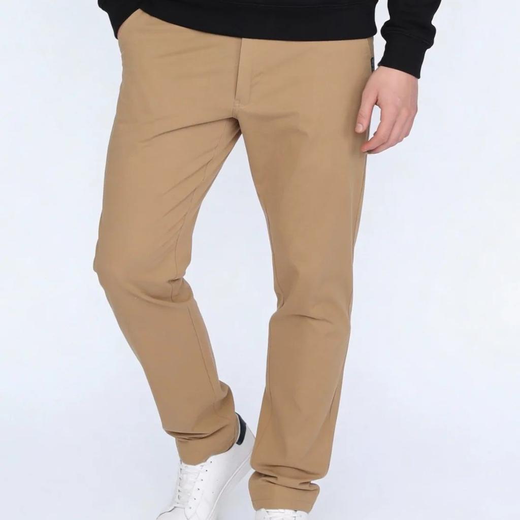 Men's Beige Straight Fit Mid Rise Cotton Casual Chinos Trousers Stretch