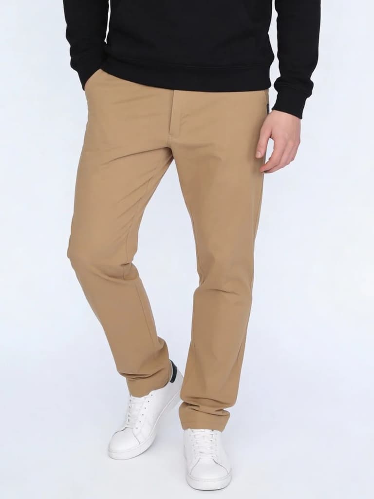 Men's Beige Straight Fit Mid Rise Cotton Casual Chinos Trousers Stretch — 28 / Beige