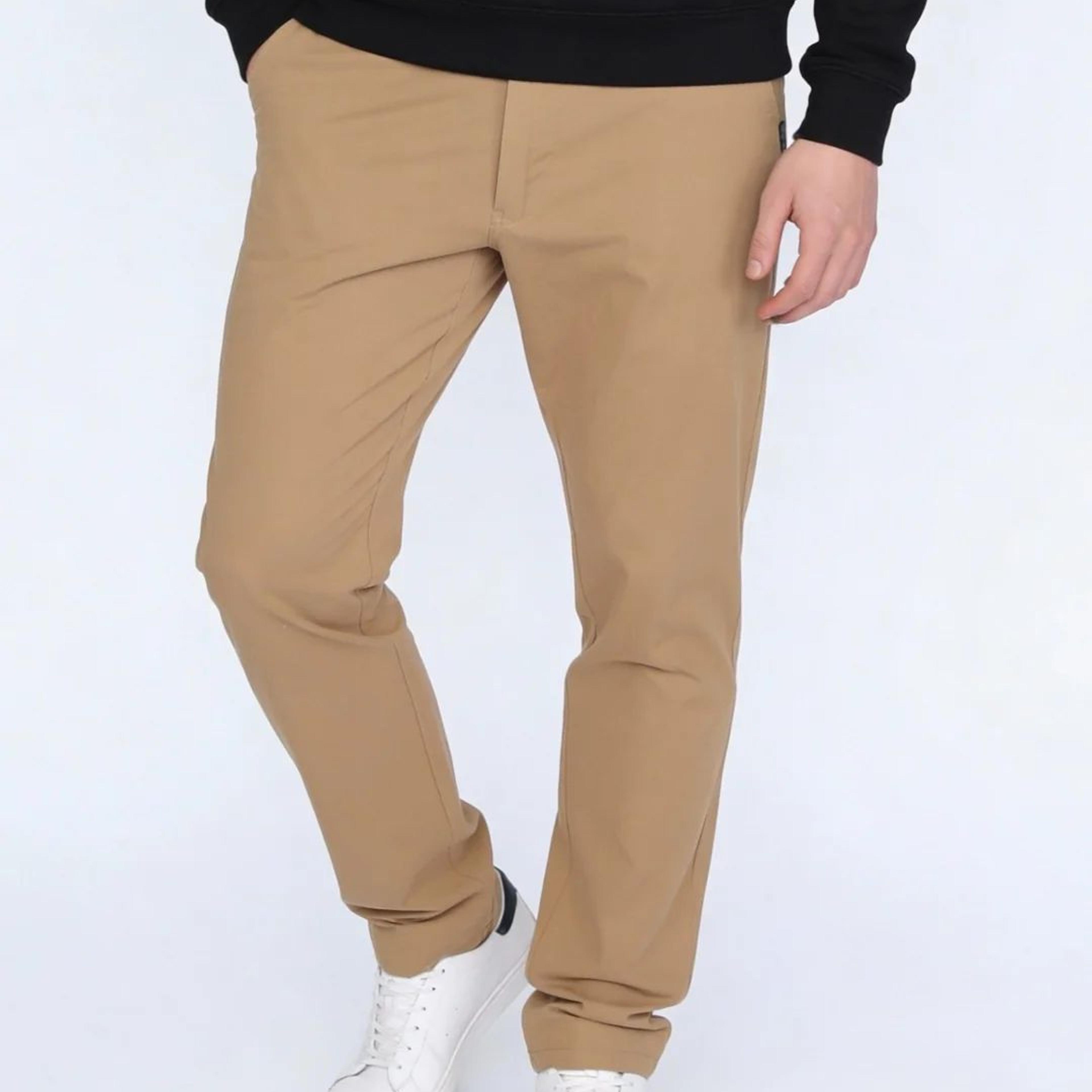 Men's Beige Straight Fit Mid Rise Cotton Casual Chinos Trousers Stretch