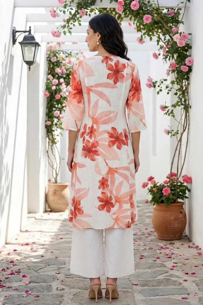 Off White Floral Printed Rayon Straight Kurta — photo 5