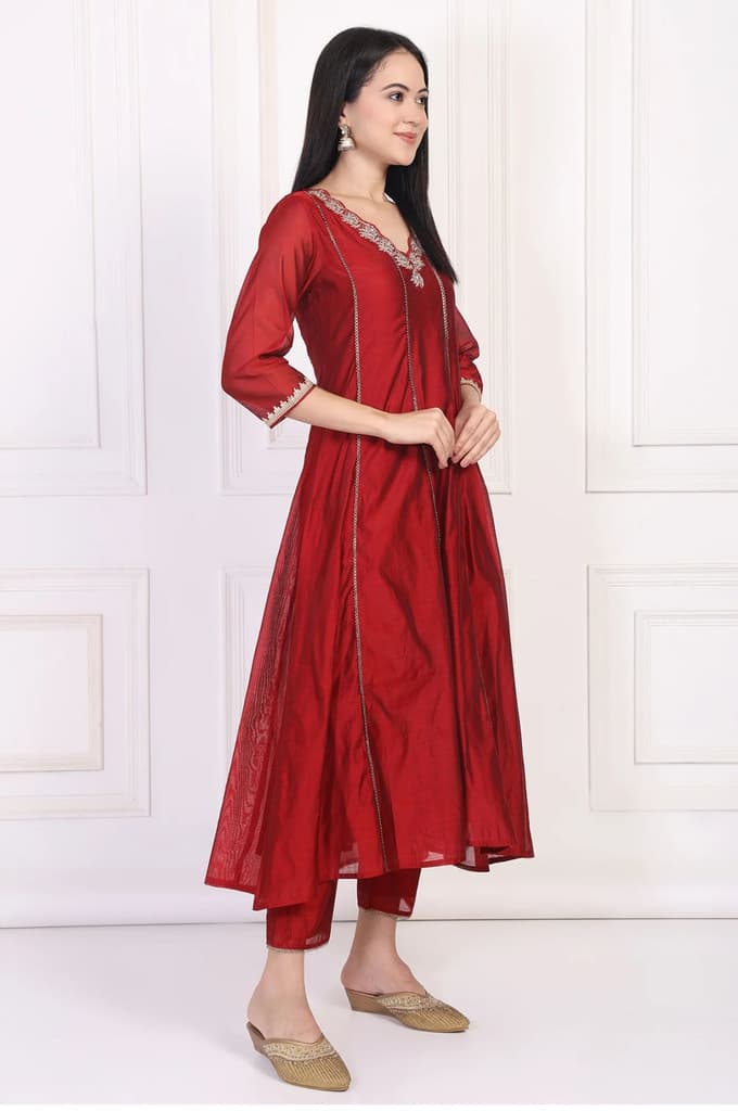 Maroon Embroidered Anarkali Art Silk Kurta with Straight Pant and Dupatta Set — photo 6