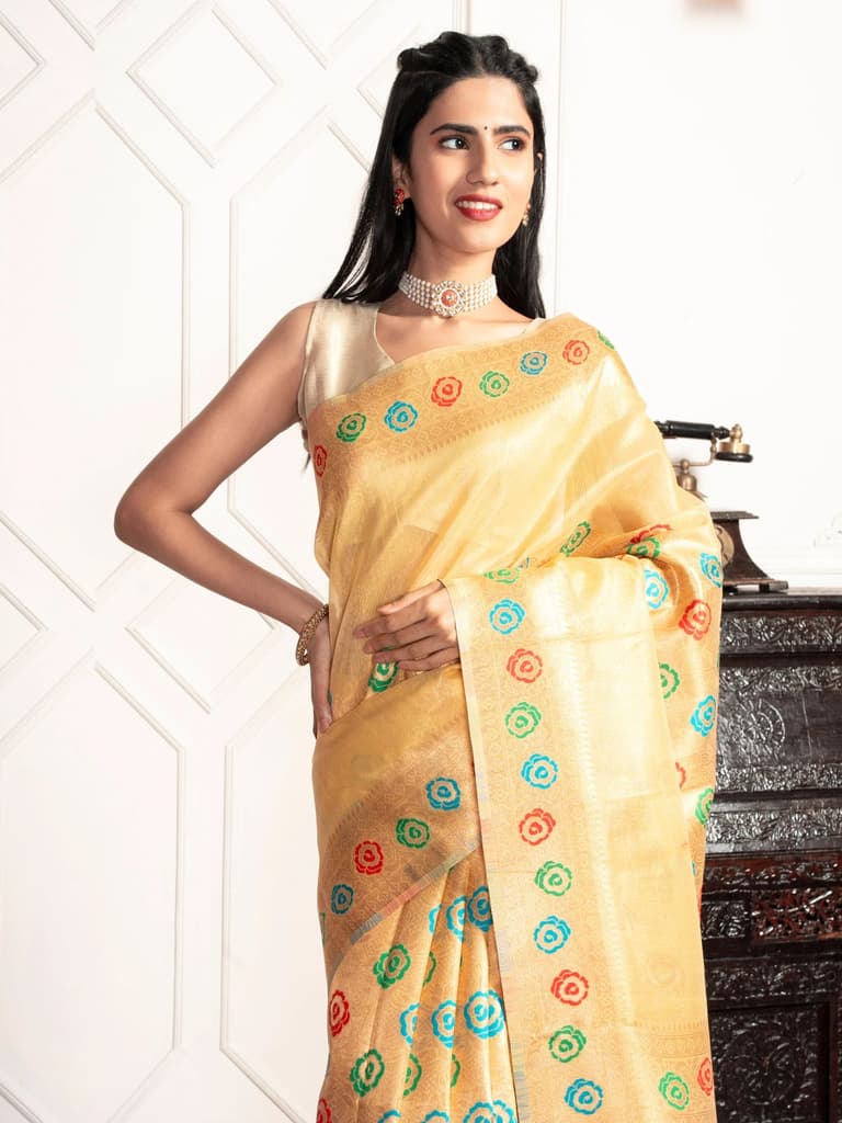 Mimosa Women's Woven Design Banarasi Style Art Silk Saree With Blouse Piece : SA00002082GDFREE — Gold