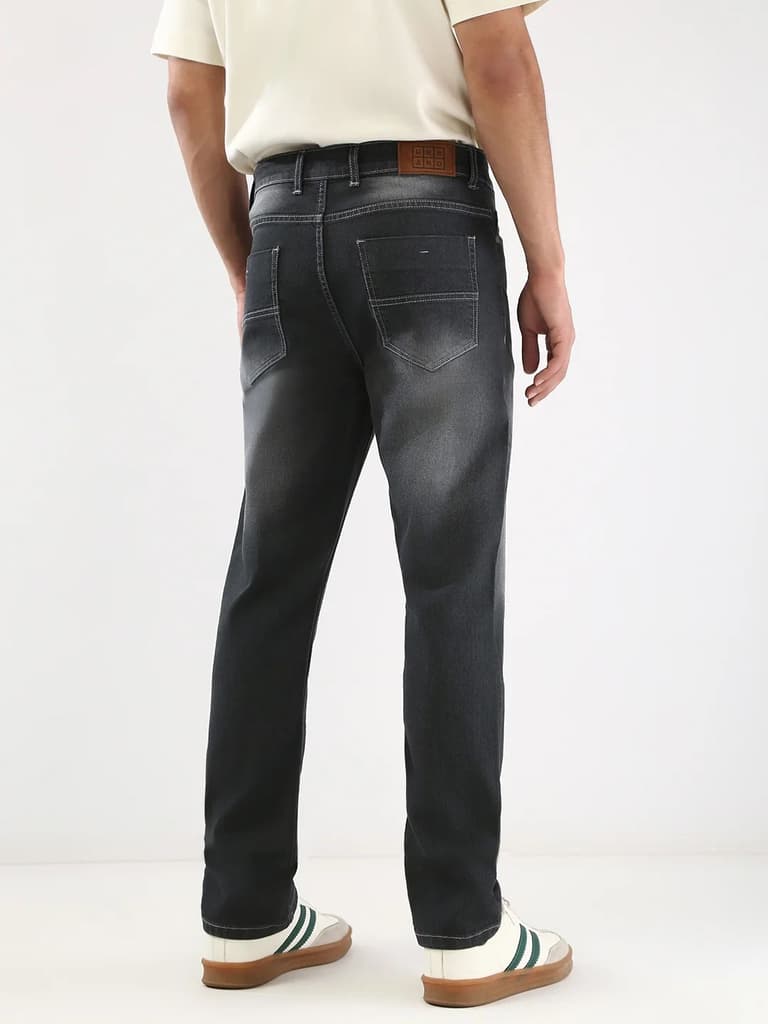 Men's Dark Grey Straight Fit Washed Jeans Stretchable — photo 3