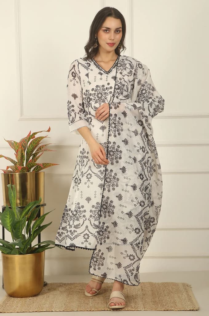 White and Black Floral Printed Kota Flared Kurta, Pants and Dupatta Set — photo 2