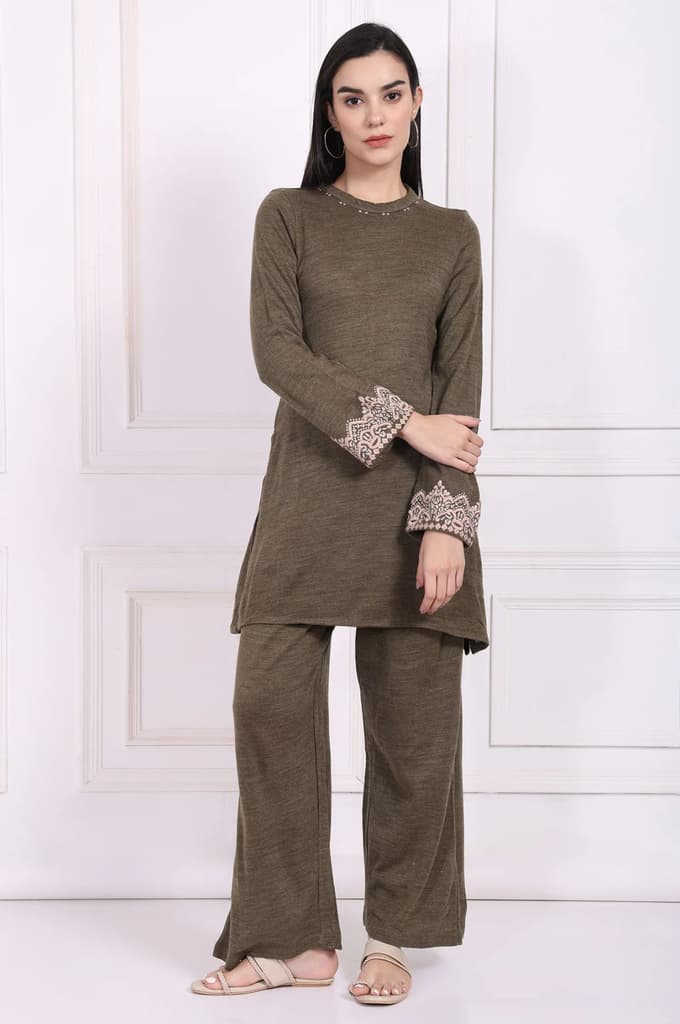 Olive Embroidered Straight Acrylic Kurta with Parallel Pant Set