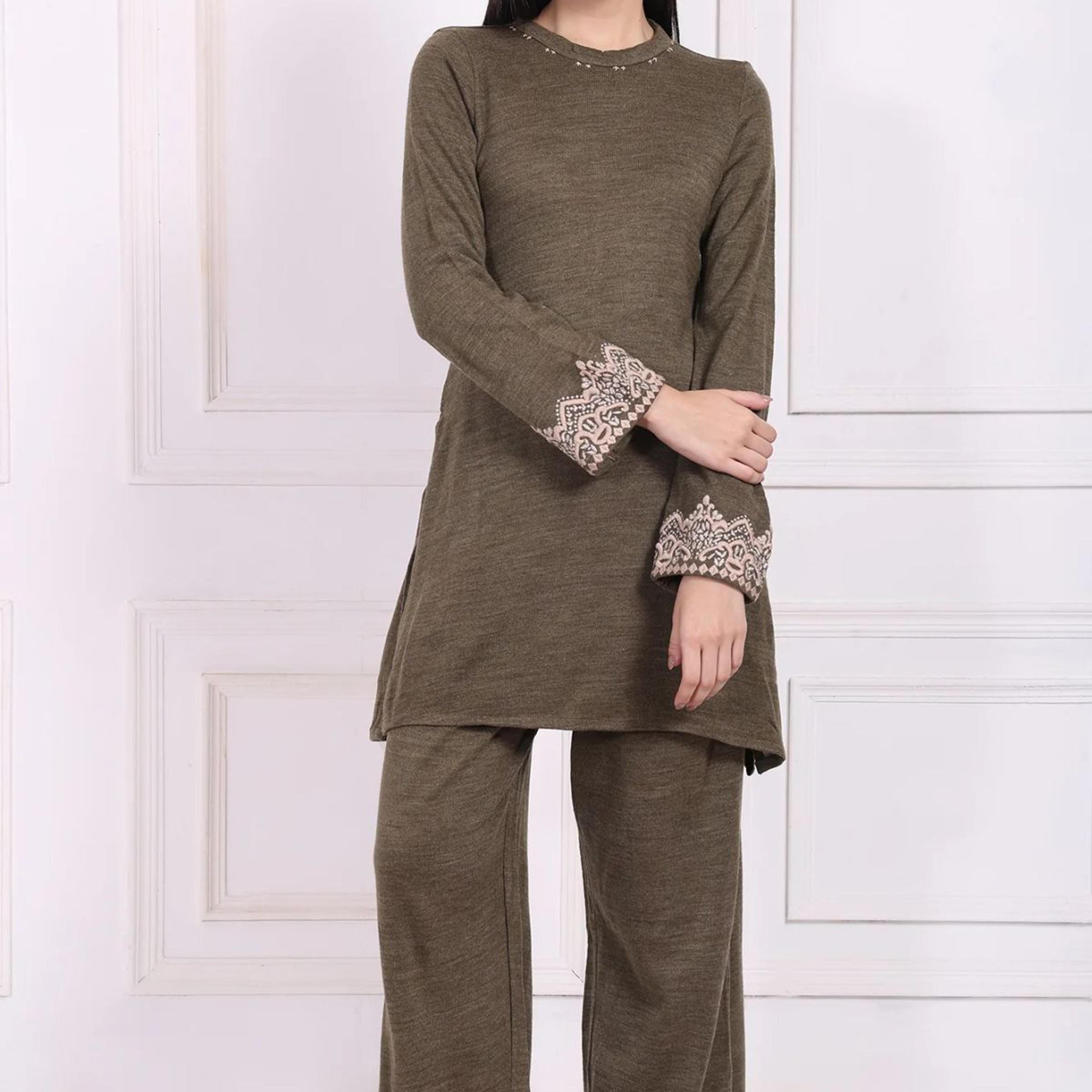 Olive Embroidered Straight Acrylic Kurta with Parallel Pant Set