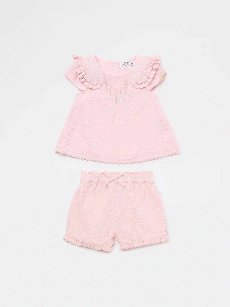 HOP Baby Girls Pink Floral Cotton Top and Shorts Set — photo 3