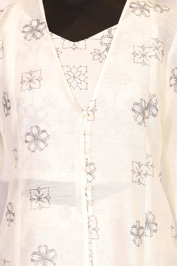 Off White Floral Printed Buttons Straight Top with Pants and Jacket Set — photo 3