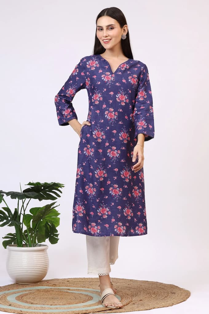 Purple Floral Printed Straight Kurta with Lace — photo 3