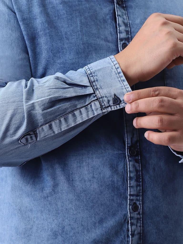 Plus Men's Light Blue Regular Fit Full Sleeve Washed Denim Shirt — photo 6