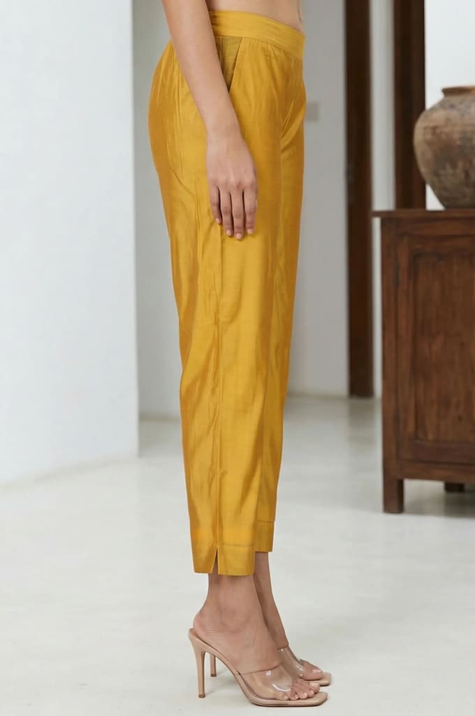 Mustard Solid Chanderi Straight Fit Ankle Length Trousers — photo 5