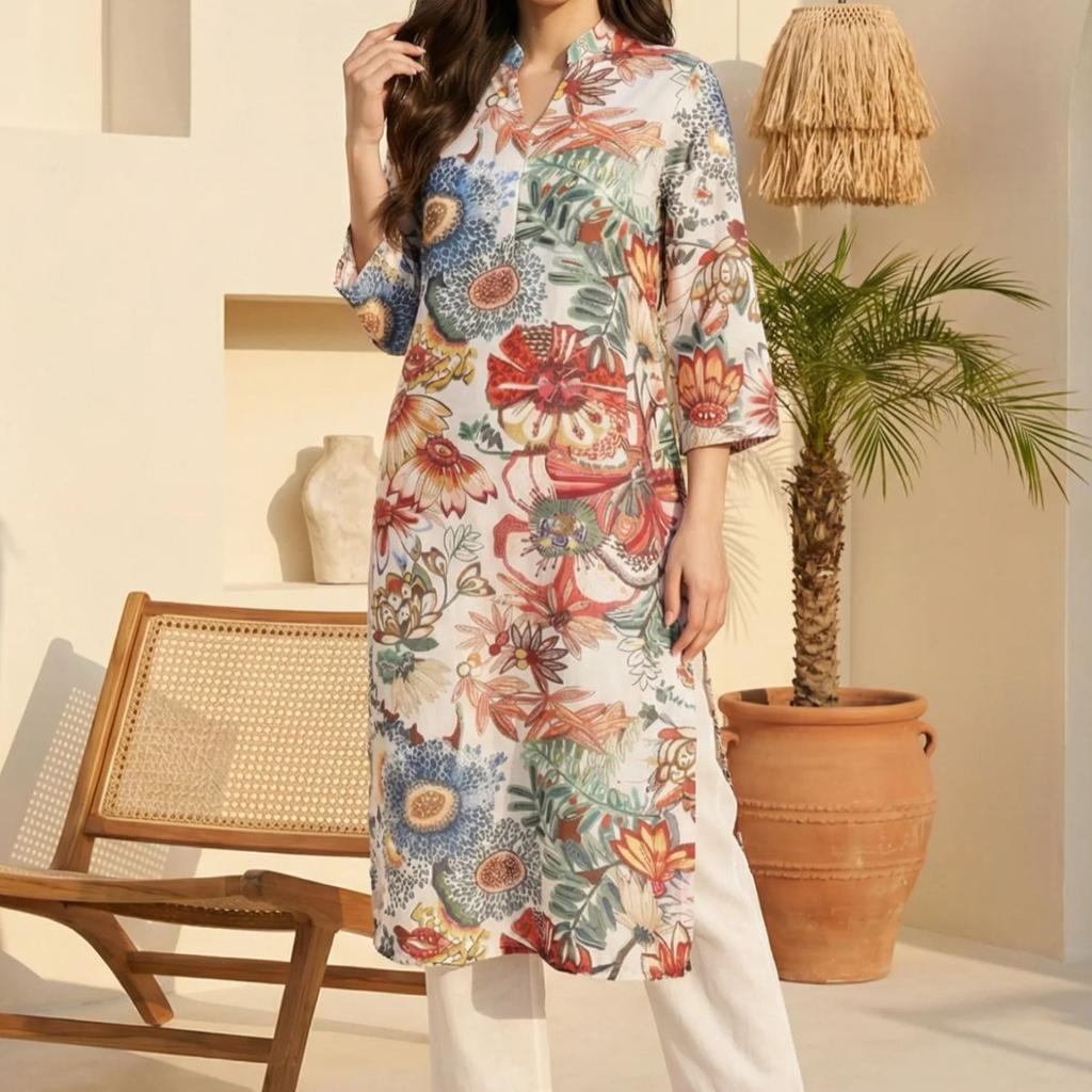 Off White Bold Floral Embroidered Straight Kurta