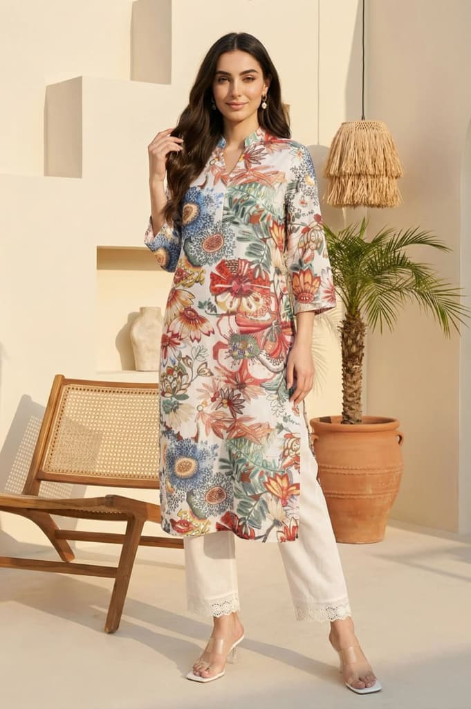 Off White Bold Floral Embroidered Straight Kurta — XS