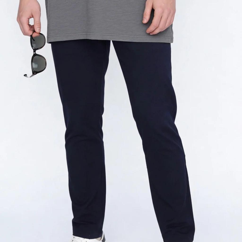 Men's Navy Straight Fit Mid Rise Cotton Casual Chinos Trousers Stretch