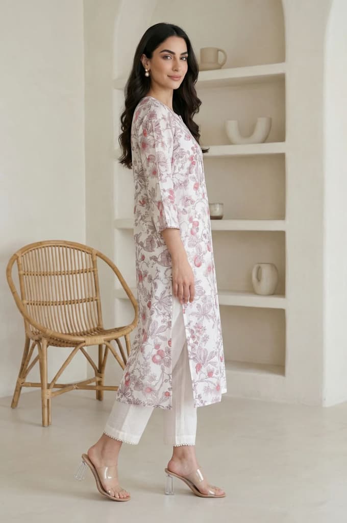 Off White FloralPrinted Rayon Straight Kurta with Lace — photo 6