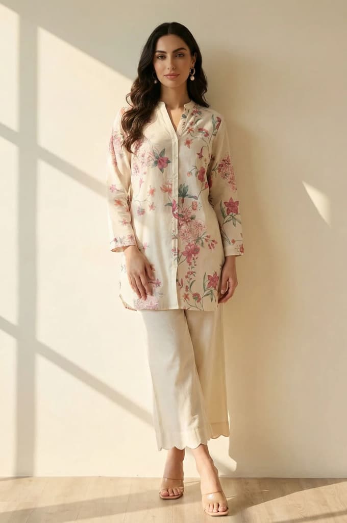 Off White Solid Cut Work Calf Length Flared Pants — S