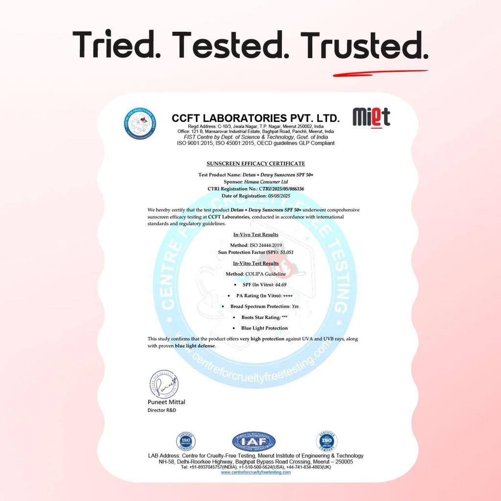 Detan+ Dewy Sunscreen In-Vivo Tested SPF 50+ PA++++ with Cherry Tomato & HA - 50 g
