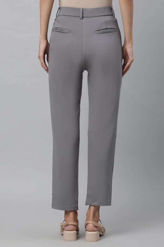 Grey Solid Slim Fit Pants With Front Zip — photo 3