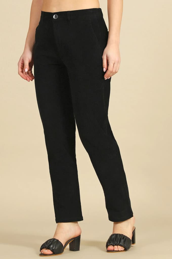 Black Solid Straight Fit Cotton Pants with YKK Zipper — photo 4