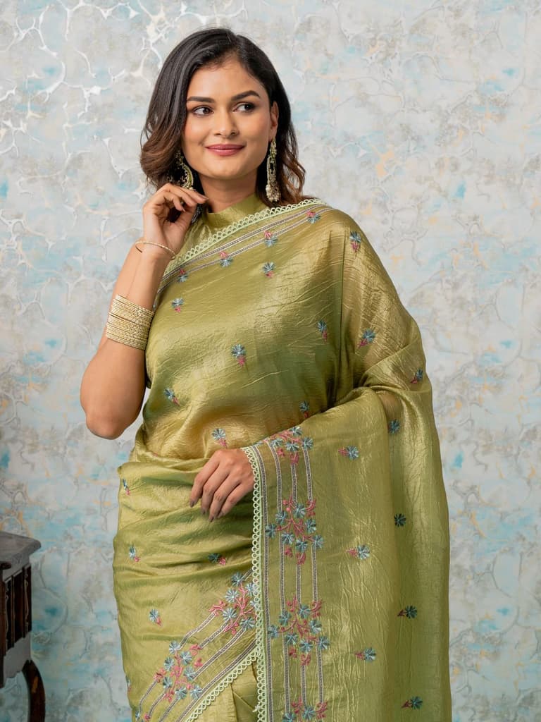 Mimosa Women's Woven Design Banarasi Style Tissue Crush Saree With Blouse Piece : SA00002017OLFREE — Olive