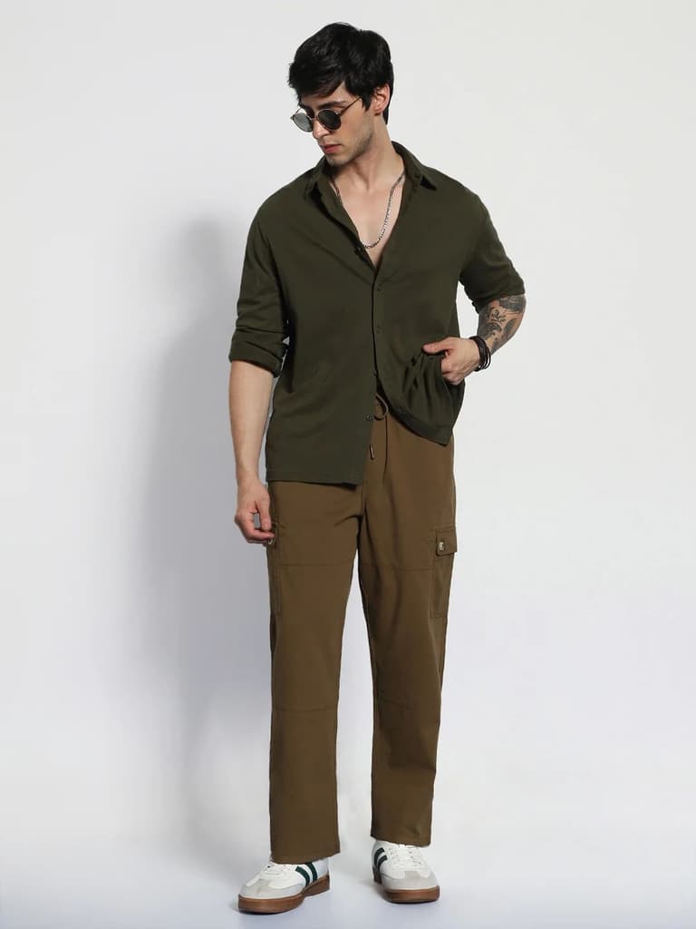Men's Brown Loose Baggy Fit Cargo Jogger Chino Pant with 6 Pockets Stretchable — photo 5