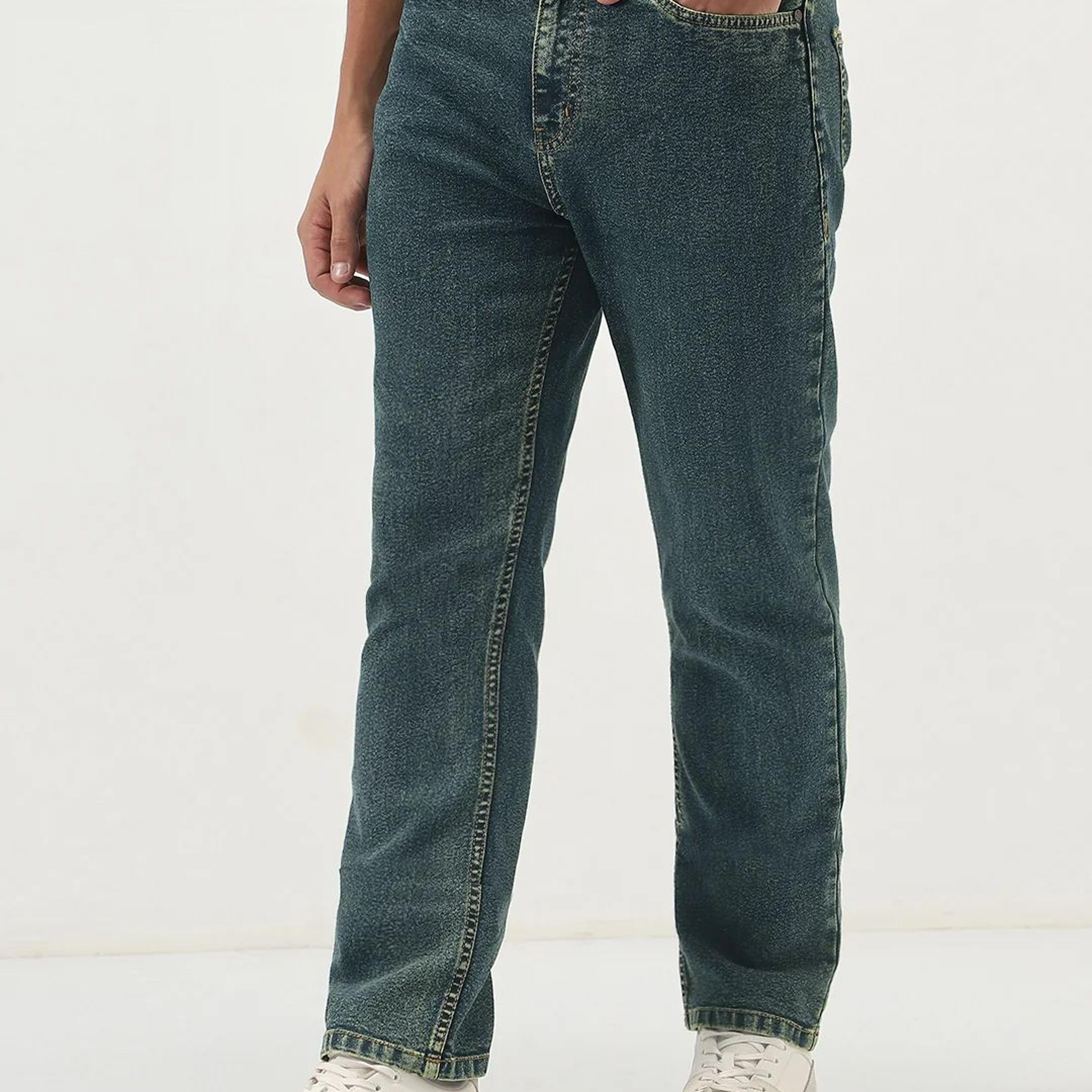 Men's Blue Straight Fit Heavy Washed Jeans Stretchable