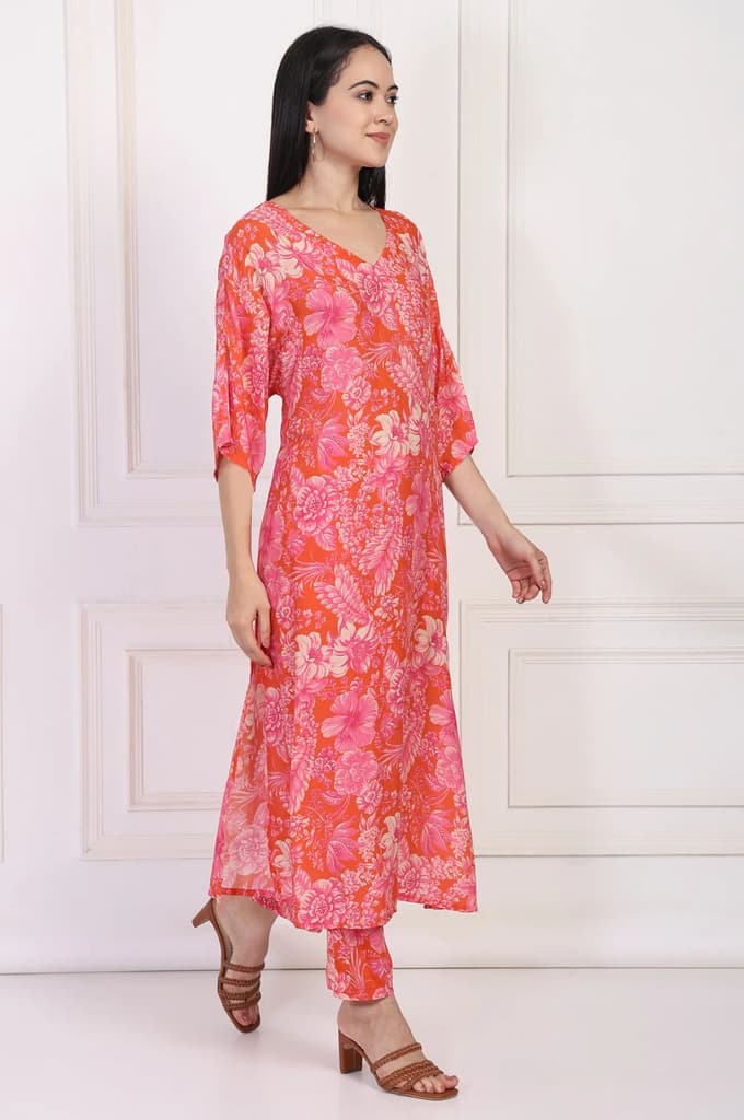Orange Floral Printed Kaftan Modal Kurta with Pant — photo 6