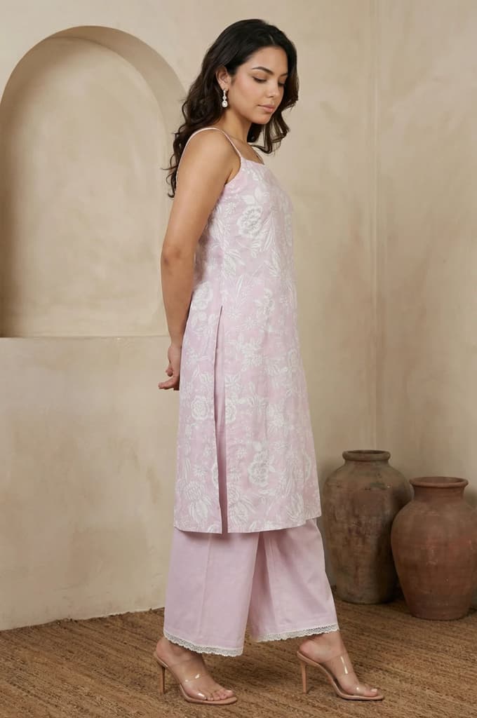 Lavender Floral Printed Pure Cotton Noodle Straps Straight Kurta with Palazzo and Dupatta Set — photo 6