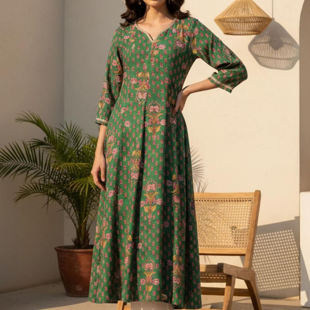 Green Floral Printed Tape Zari Anarkali Kurta