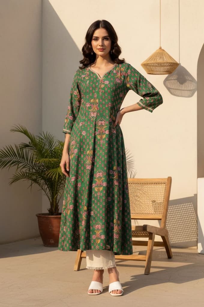 Green Floral Printed Tape Zari Anarkali Kurta — XS