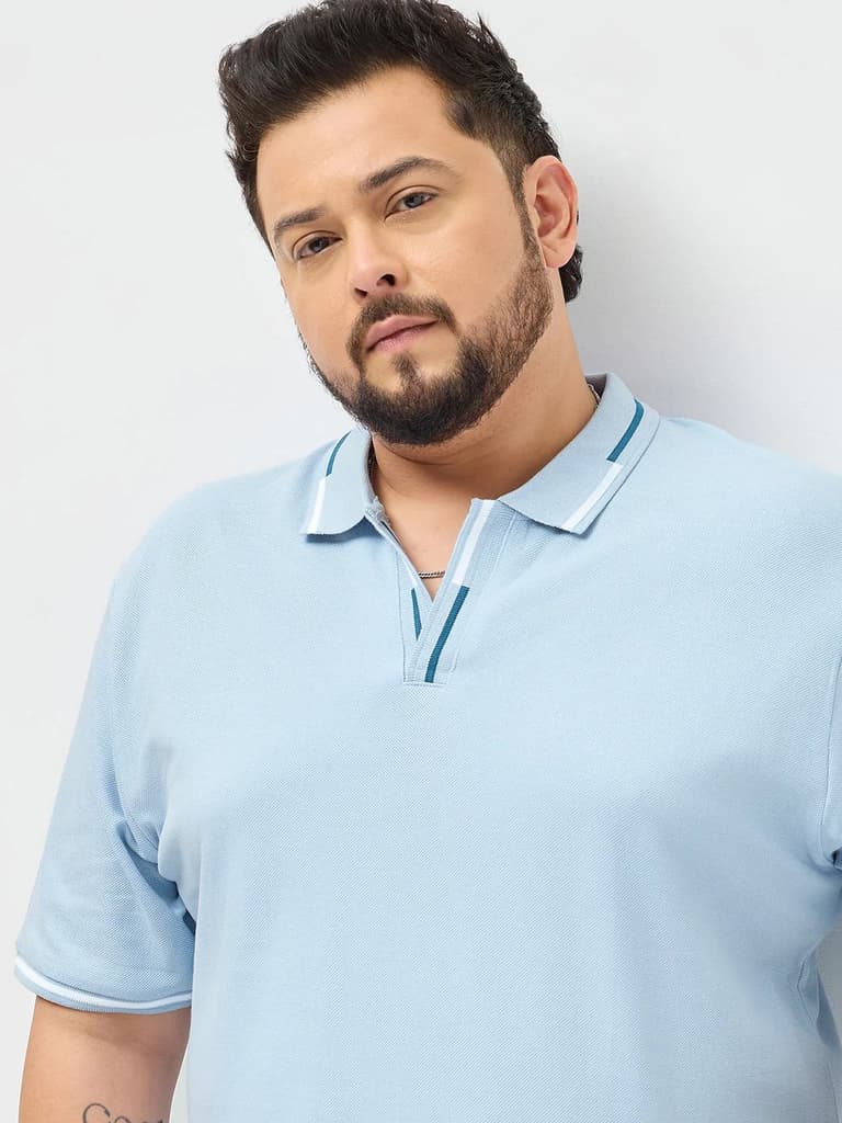Plus Men's Light Sky Blue Solid Regular Fit Half Sleeve Cotton Polo T-Shirt — photo 5
