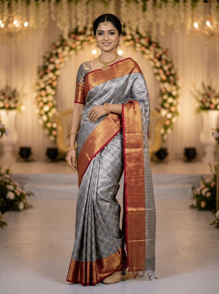 MIMOSA Women's Woven Design Kanjivaram Style Art Silk Saree with Blouse Piece - Navy Blue (SA00002734NVFREE) — photo 2