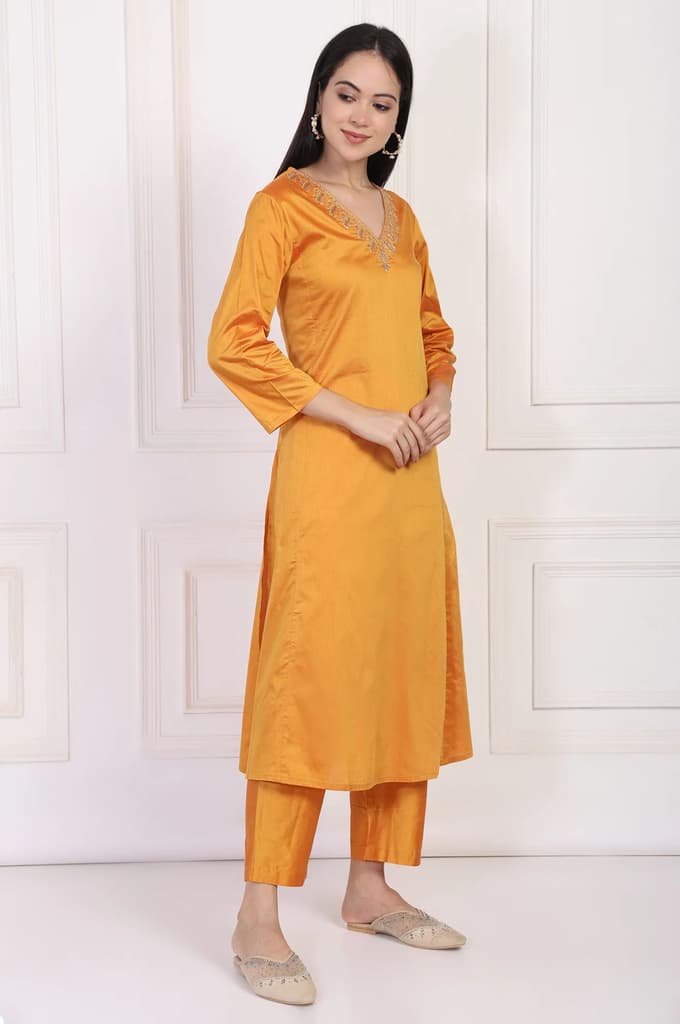 Orange Embroidered Flared Satin Kurta with Straight Pant Set — photo 6