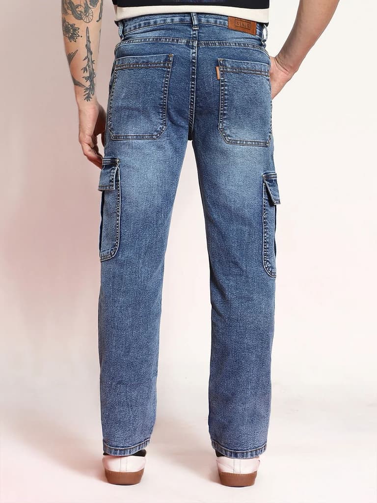 Men's Light Blue Regular Fit Washed Cargo Jeans With 6 Pockets Stretchable — photo 3