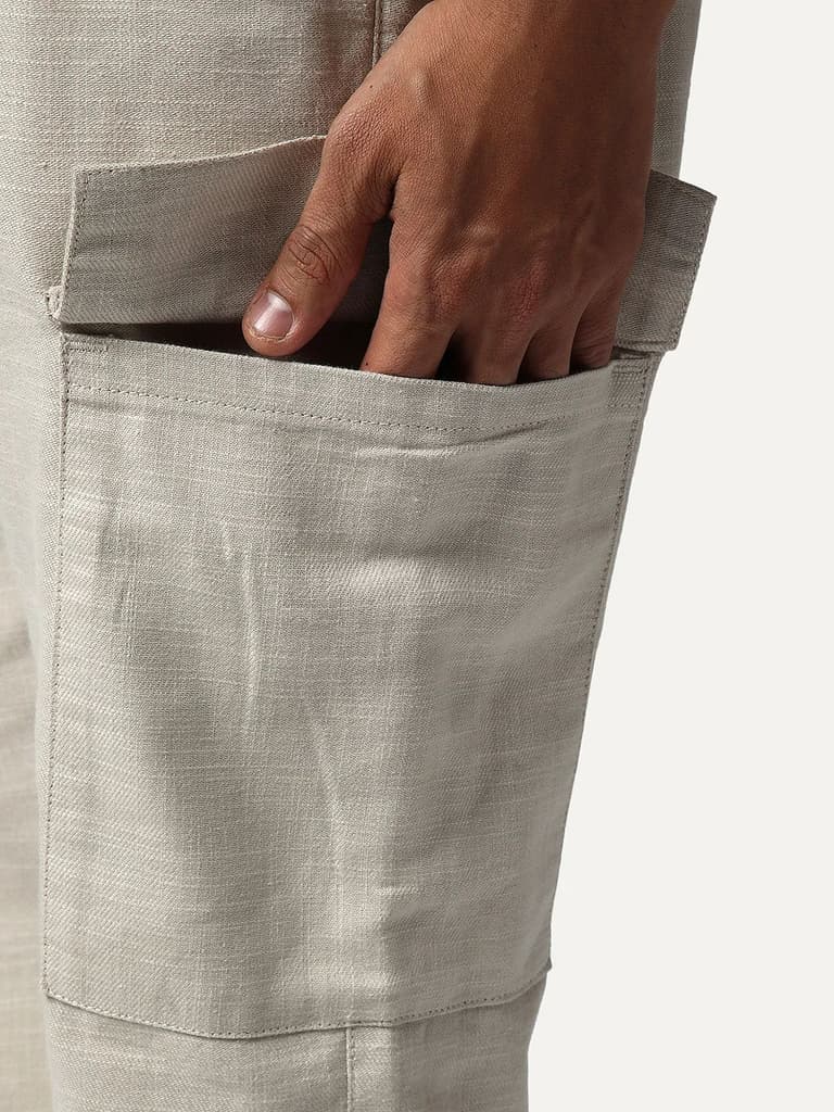 Men's Beige Straight Fit Linen Cargo Pants with 6 Pockets — photo 6