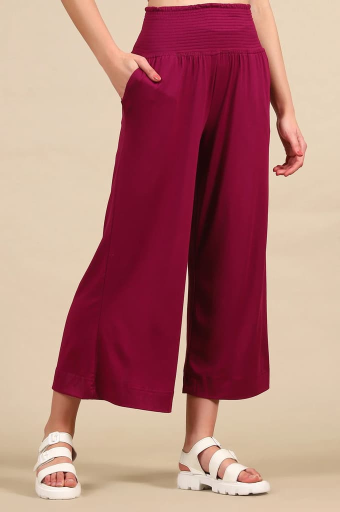 Purple Solid Flared Pants With Smoked Waist — photo 4