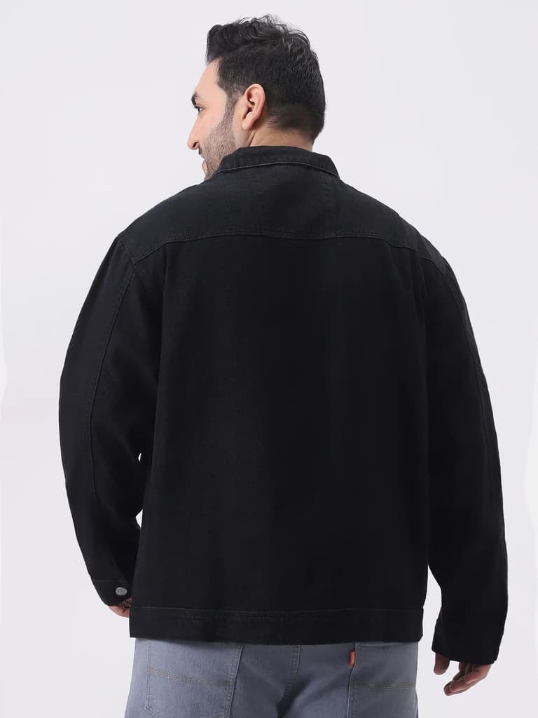 Plus Men's Black Relaxed Fit Full Sleeve Utility Denim Jacket — photo 3
