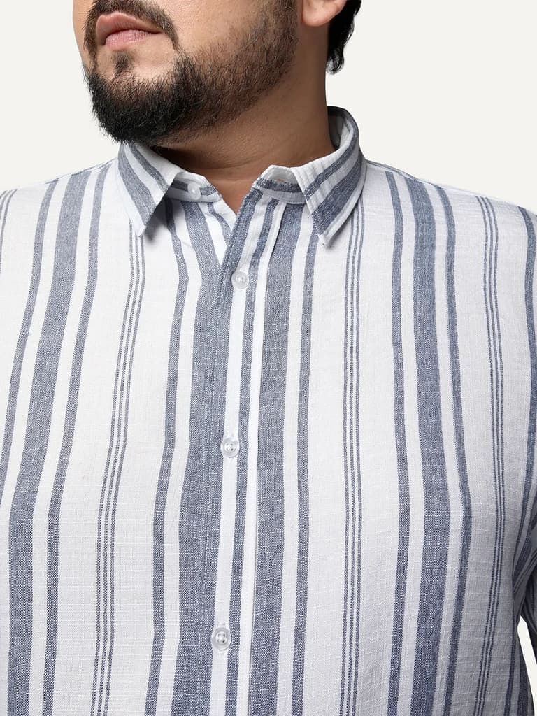 Plus Men's Navy Cotton Full Sleeve Relaxed Fit Linen Striped Shirt with Spread Collar — photo 5